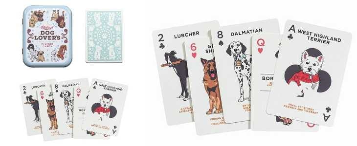 dog lovers playing cards deck, deck cover and a sample hand of two of spades, six of clubs, eight of spades, queen of hearts and ace of clubs
